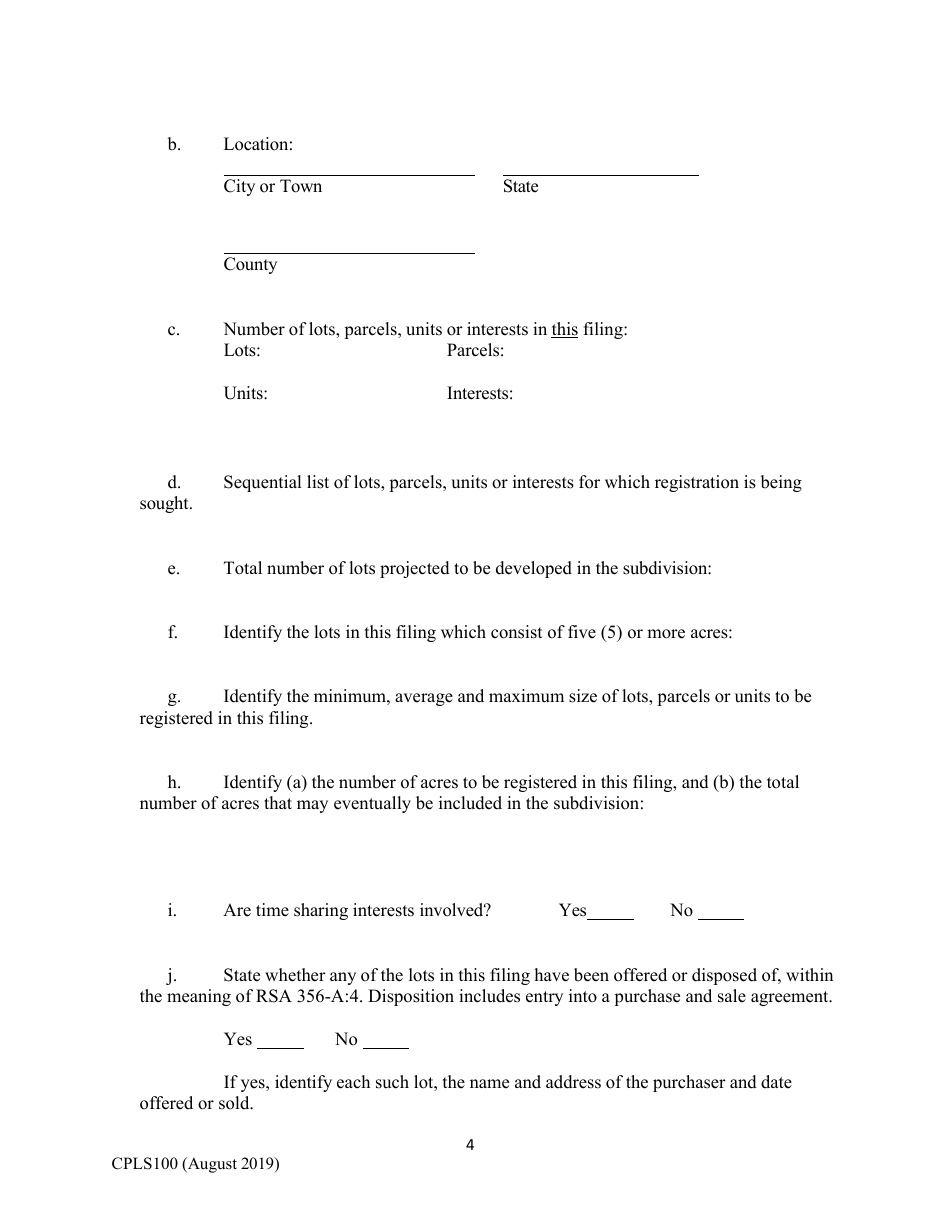 Form CPLS100 Comprehensive Application for Registration - Land Sales Full Disclosure Act - New Hampshire, Page 4