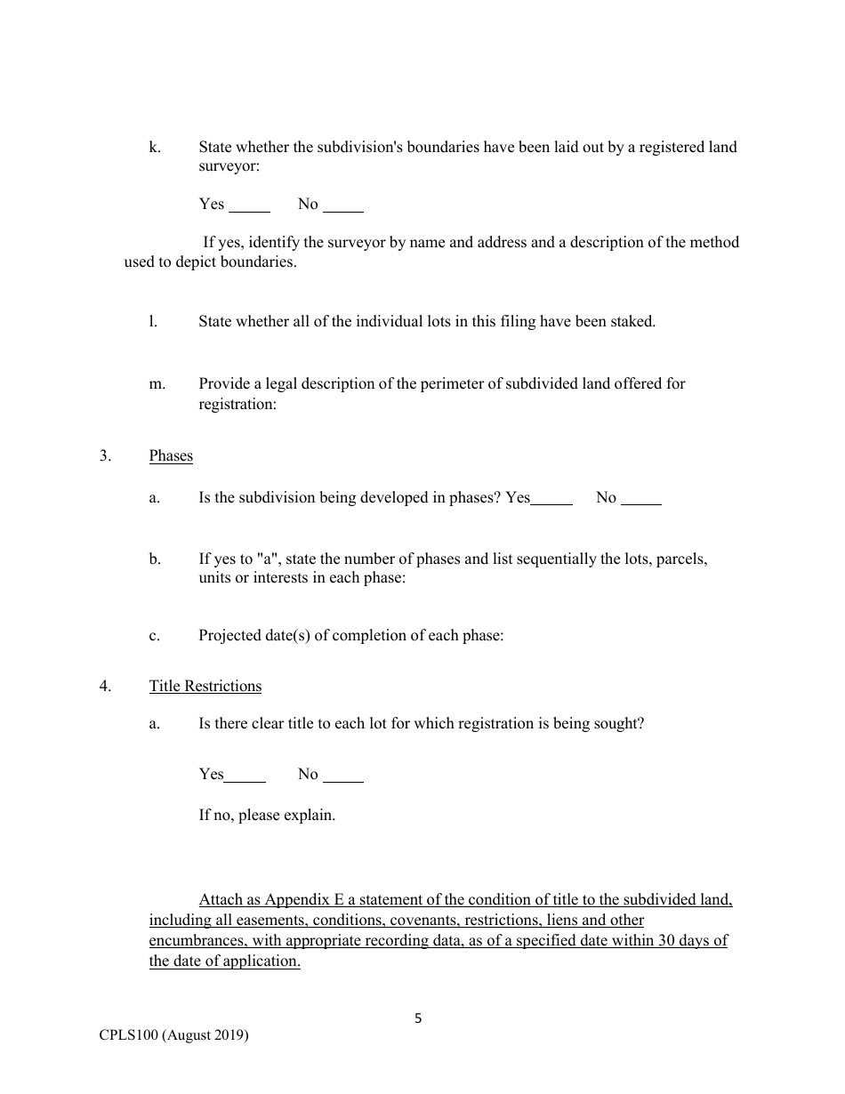 Form CPLS100 Comprehensive Application for Registration - Land Sales Full Disclosure Act - New Hampshire, Page 5