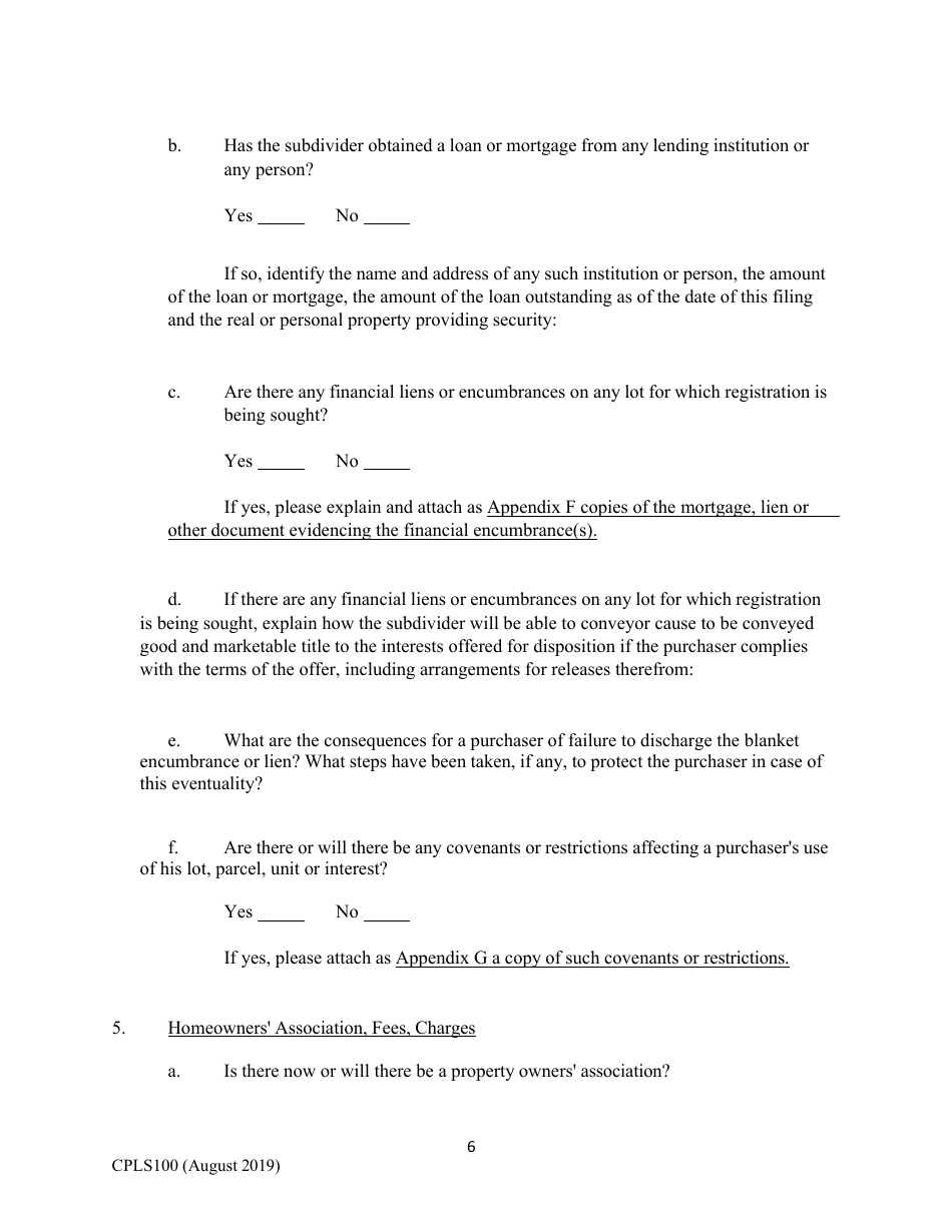 Form CPLS100 Comprehensive Application for Registration - Land Sales Full Disclosure Act - New Hampshire, Page 6