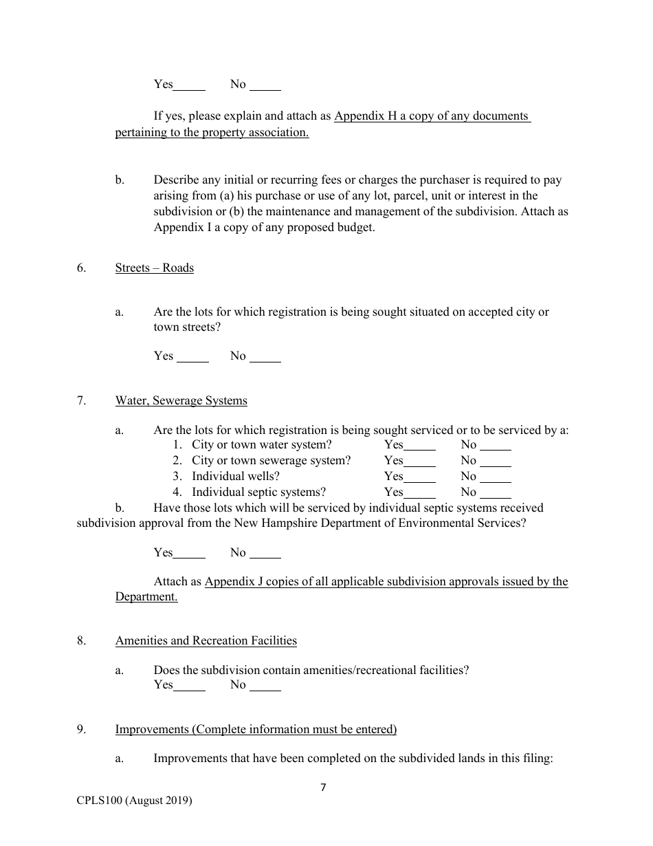 Form CPLS100 Comprehensive Application for Registration - Land Sales Full Disclosure Act - New Hampshire, Page 7