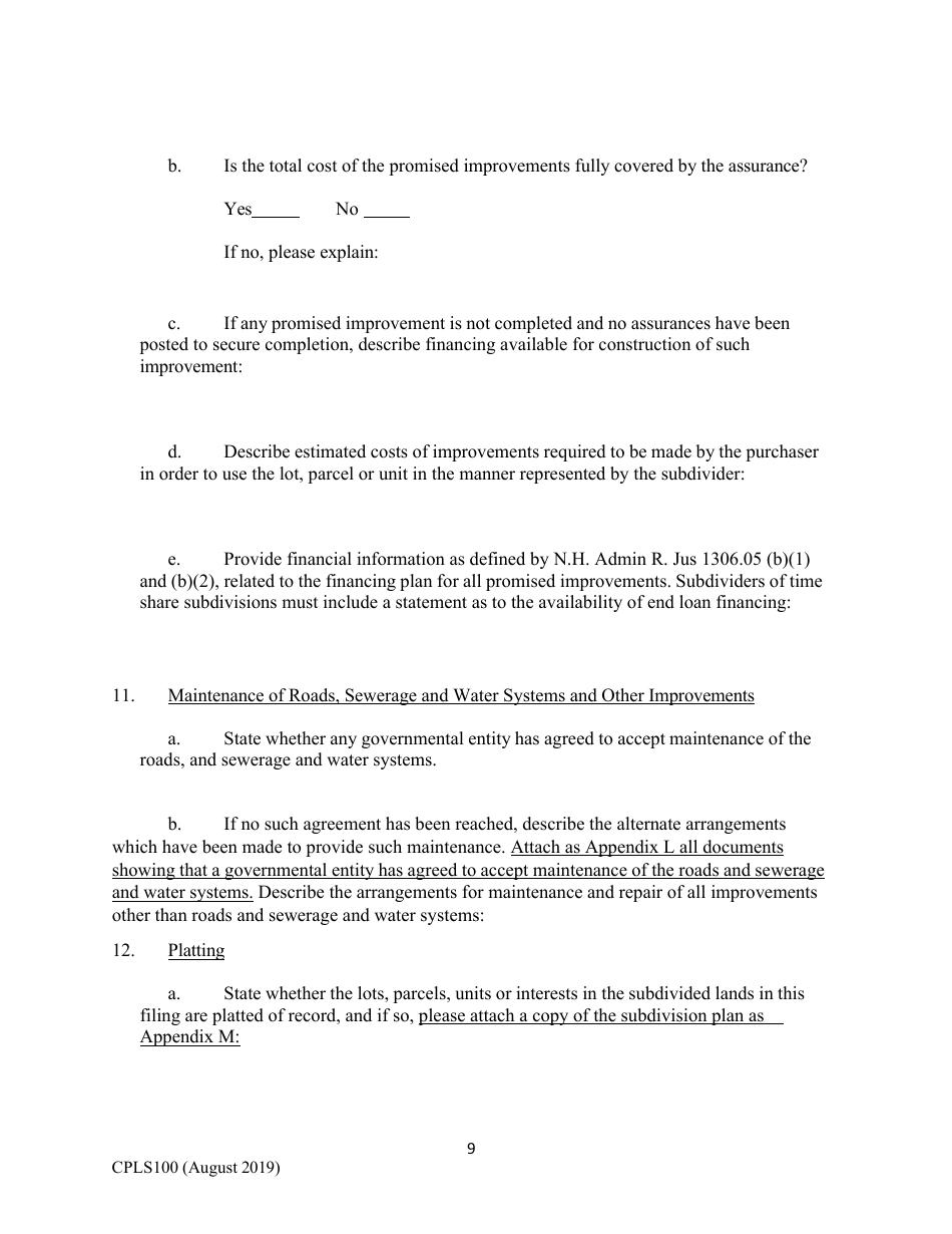 Form CPLS100 Comprehensive Application for Registration - Land Sales Full Disclosure Act - New Hampshire, Page 9