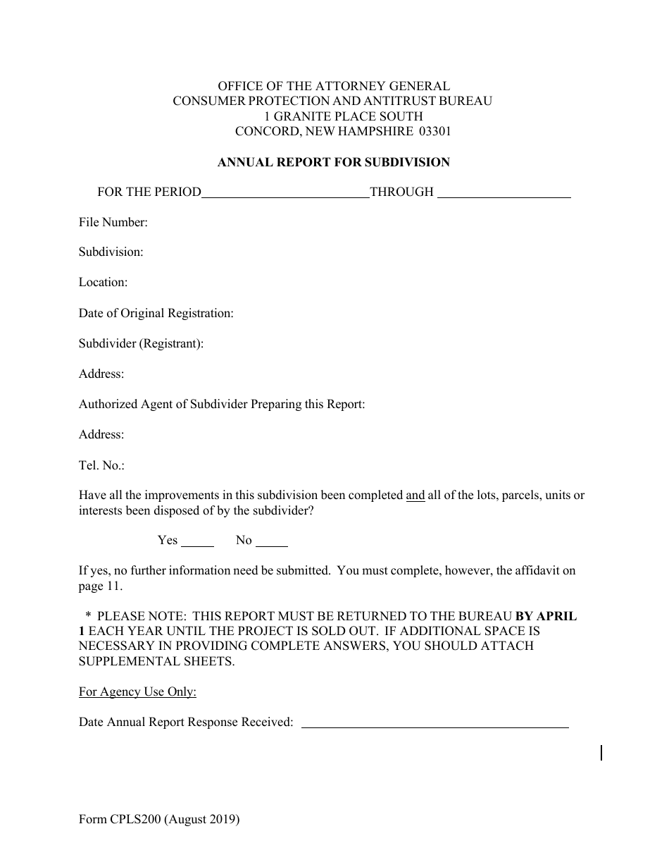 Form CPLS200 Nnual Report for Subdivision - New Hampshire, Page 1