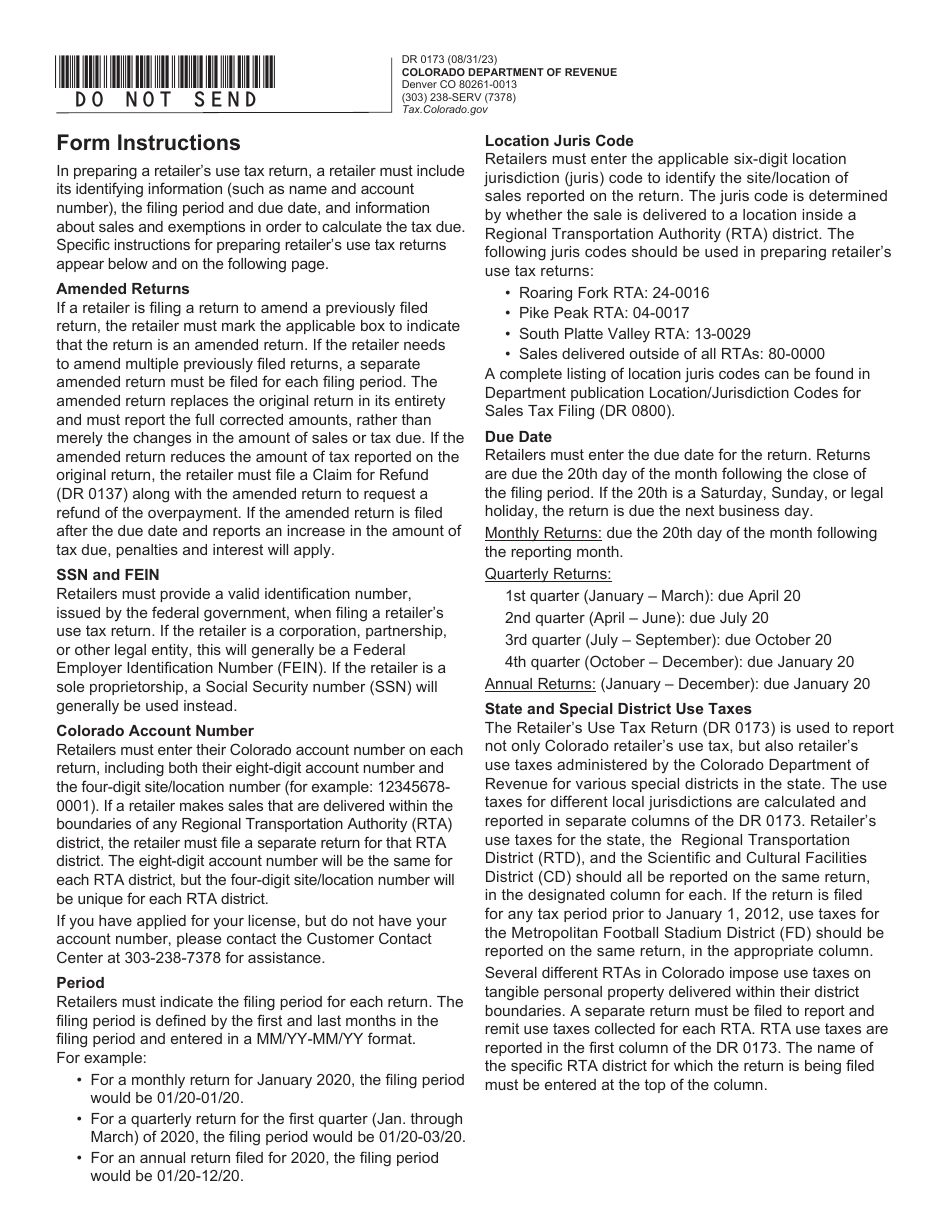 Form DR0173 Retailers Use Tax Return - Colorado, Page 2