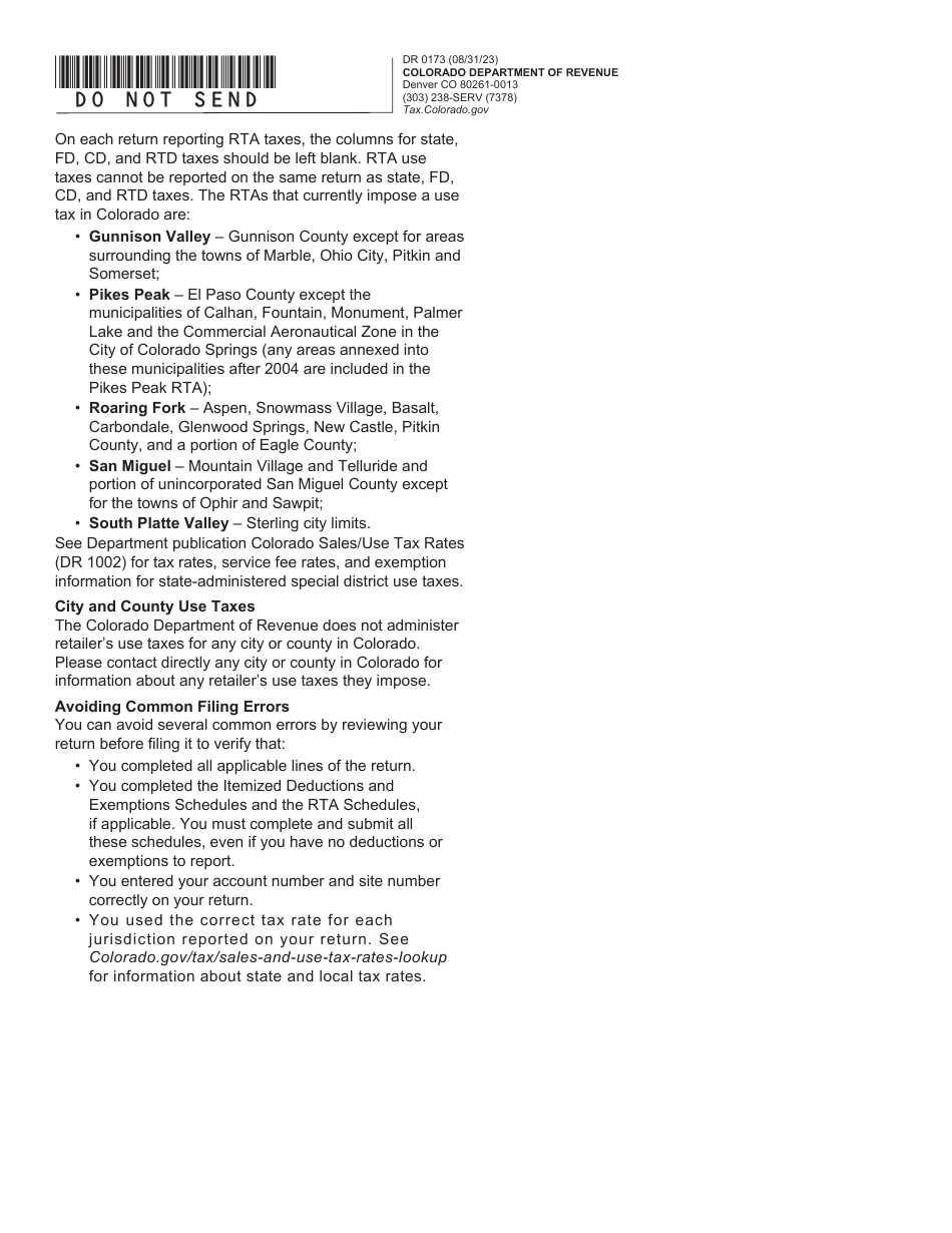 Form DR0173 Retailers Use Tax Return - Colorado, Page 3