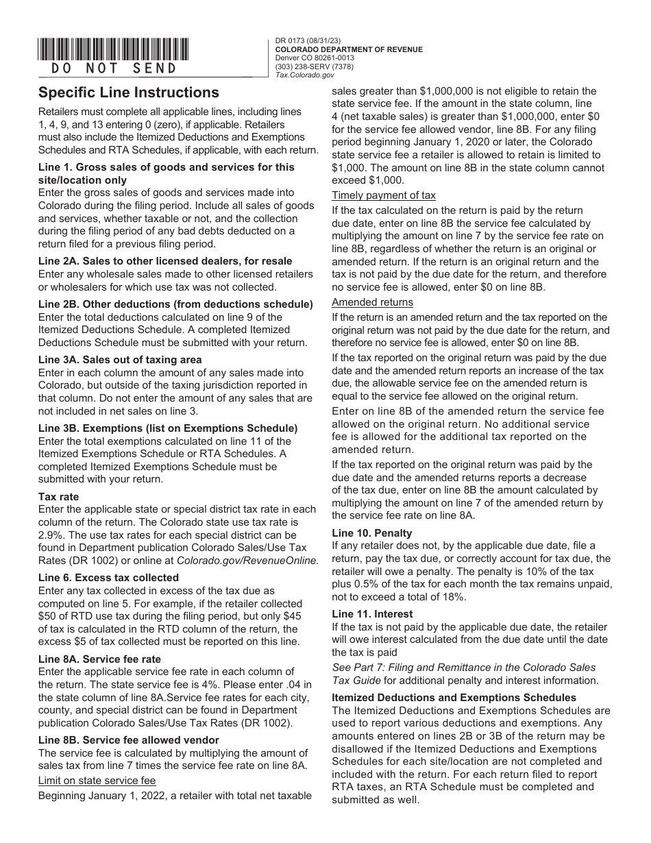 Form DR0173 Retailers Use Tax Return - Colorado, Page 4