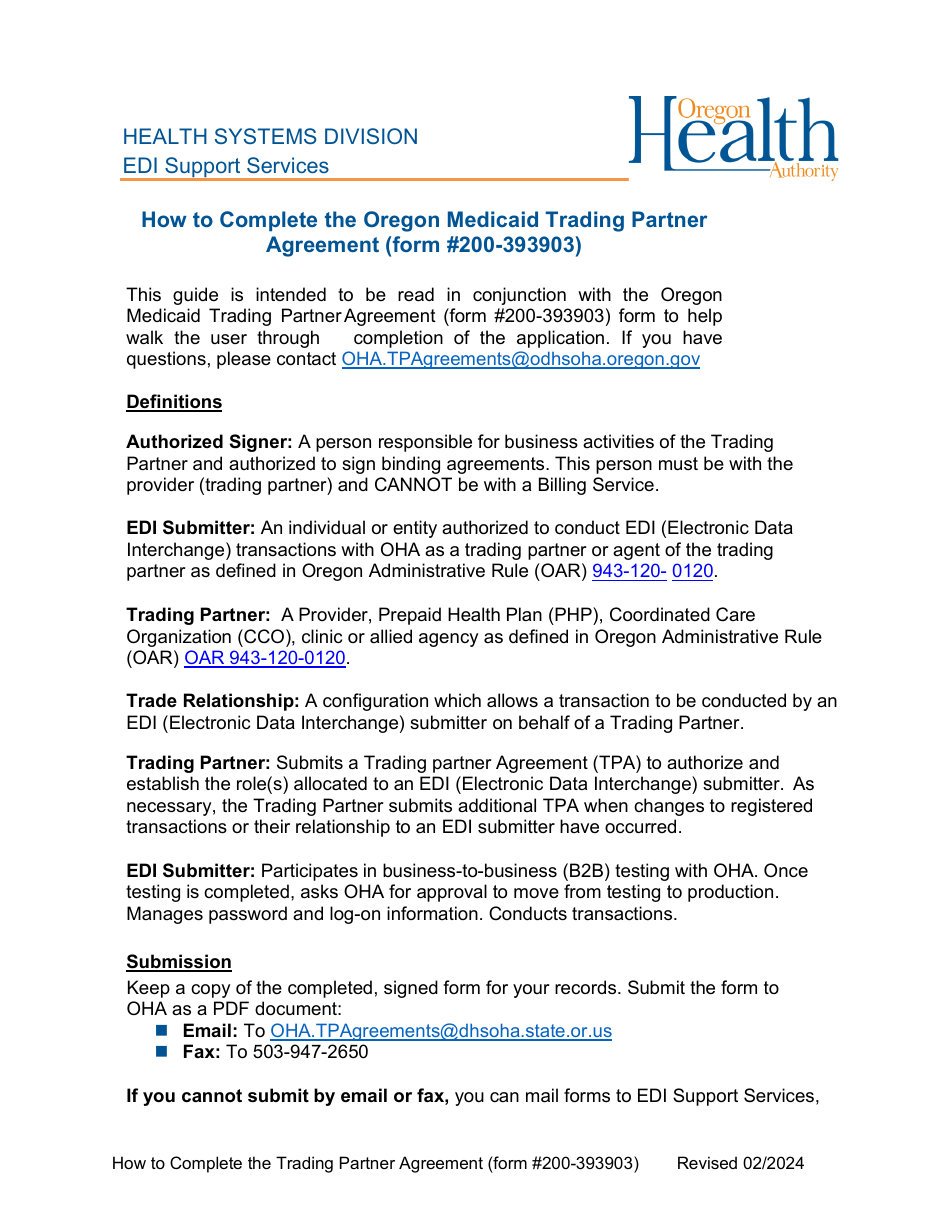 Instructions for Form FFS TPA, 200-393903 Trading Partner Agreement (Tpa) for Electronic Health Care Transactions - Oregon, Page 1