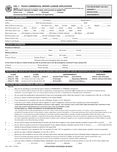 Form CDL-1 Texas Commercial Driver License Application - Texas
