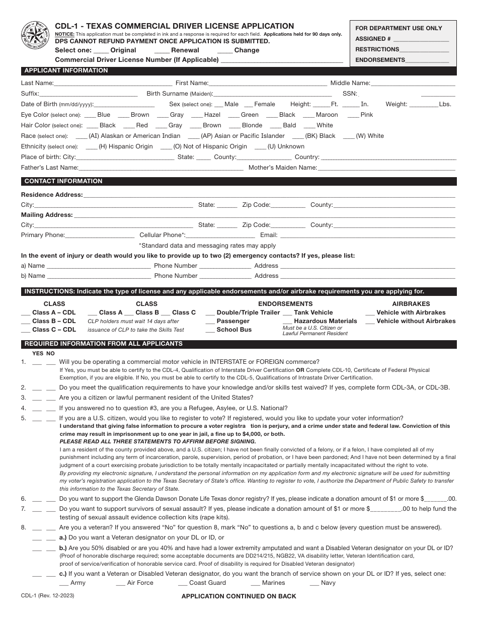 Form CDL-1 Texas Commercial Driver License Application - Texas, Page 1