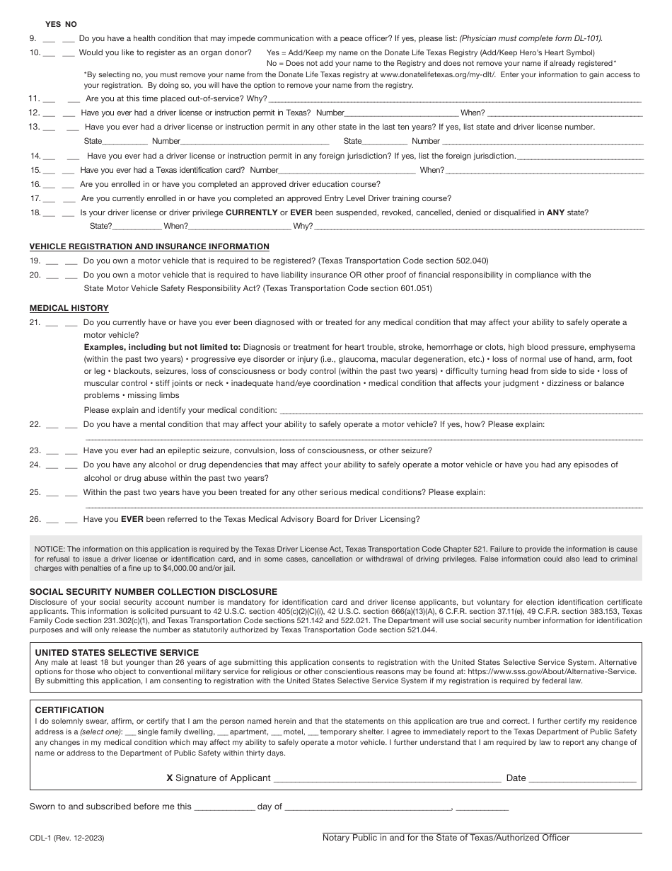 Form CDL-1 Download Fillable PDF or Fill Online Texas Commercial Driver ...