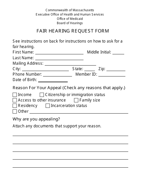 Form FHR-1-LP Fair Hearing Request Form - Large Print - Massachusetts