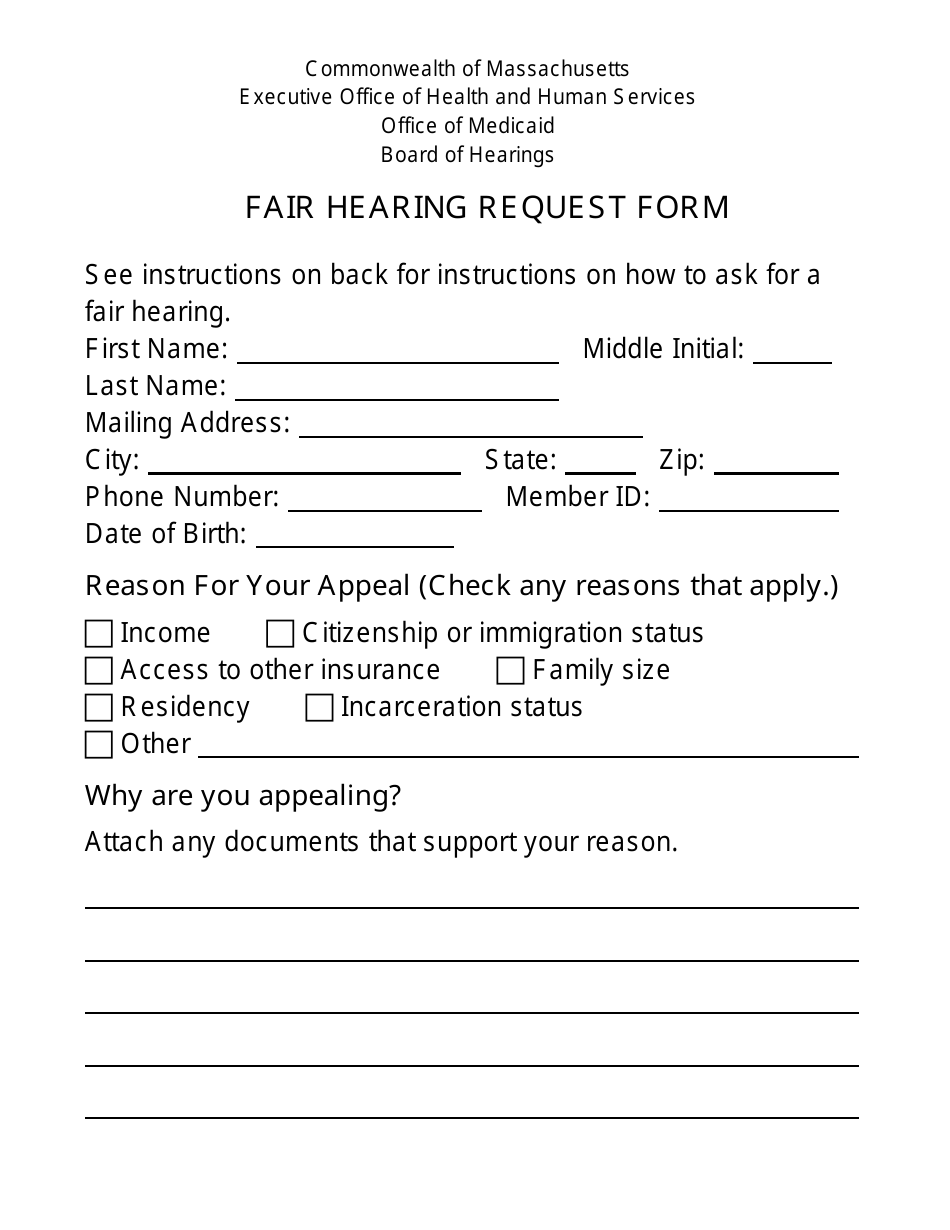 Form FHR-1-LP Fair Hearing Request Form - Large Print - Massachusetts, Page 1