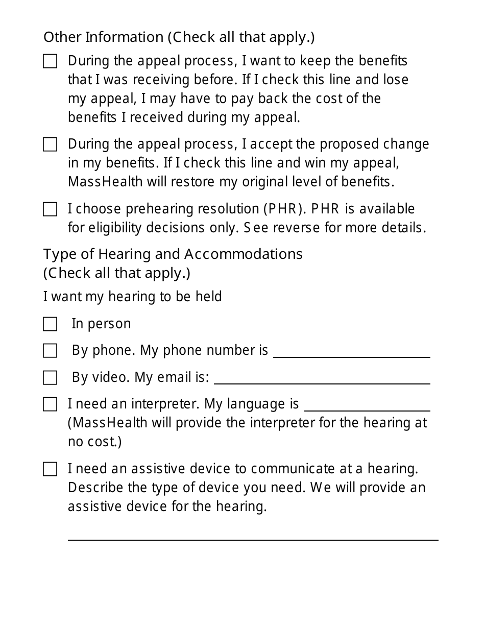 Form FHR-1-LP Fair Hearing Request Form - Large Print - Massachusetts, Page 2