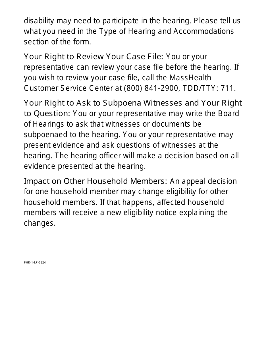 Form FHR-1-LP Fair Hearing Request Form - Large Print - Massachusetts, Page 7