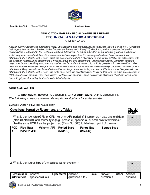 Form 600-TAA Application for Beneficial Water Use Permit - Technical Analysis Addendum - Montana