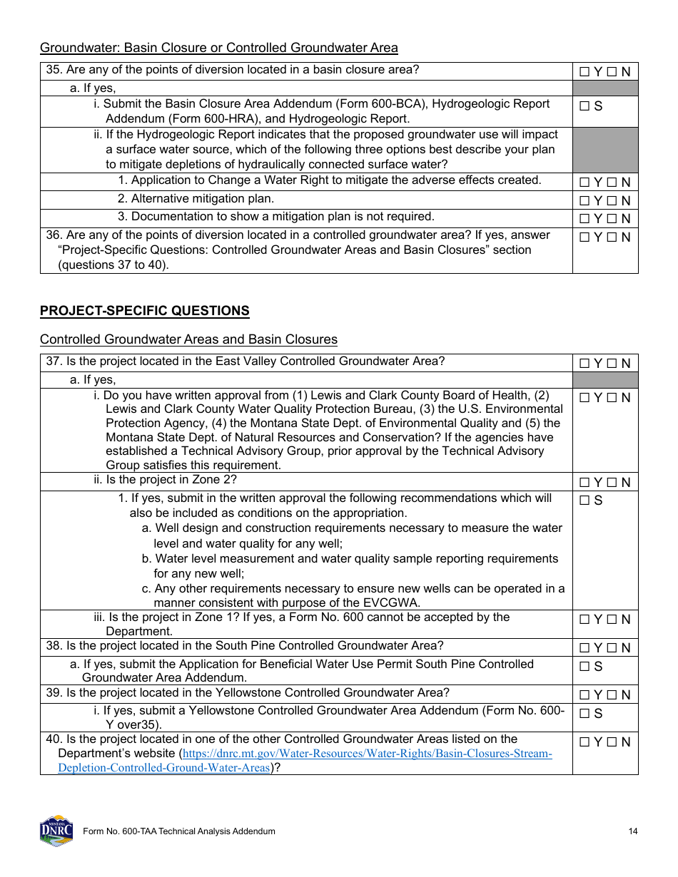 Form 600-TAA Application for Beneficial Water Use Permit - Technical Analysis Addendum - Montana, Page 14