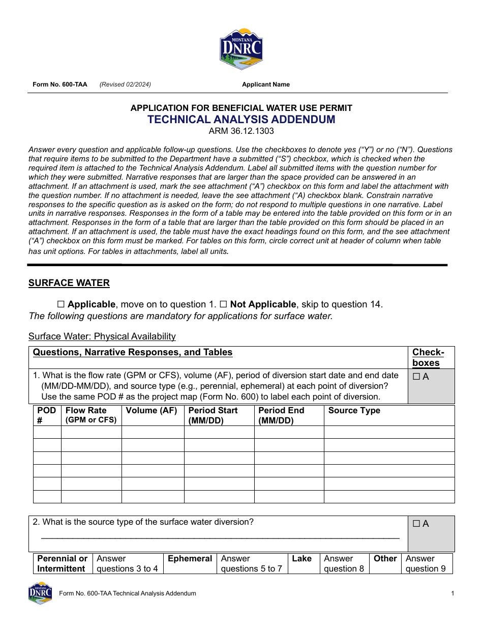 Form 600-TAA Application for Beneficial Water Use Permit - Technical Analysis Addendum - Montana, Page 1