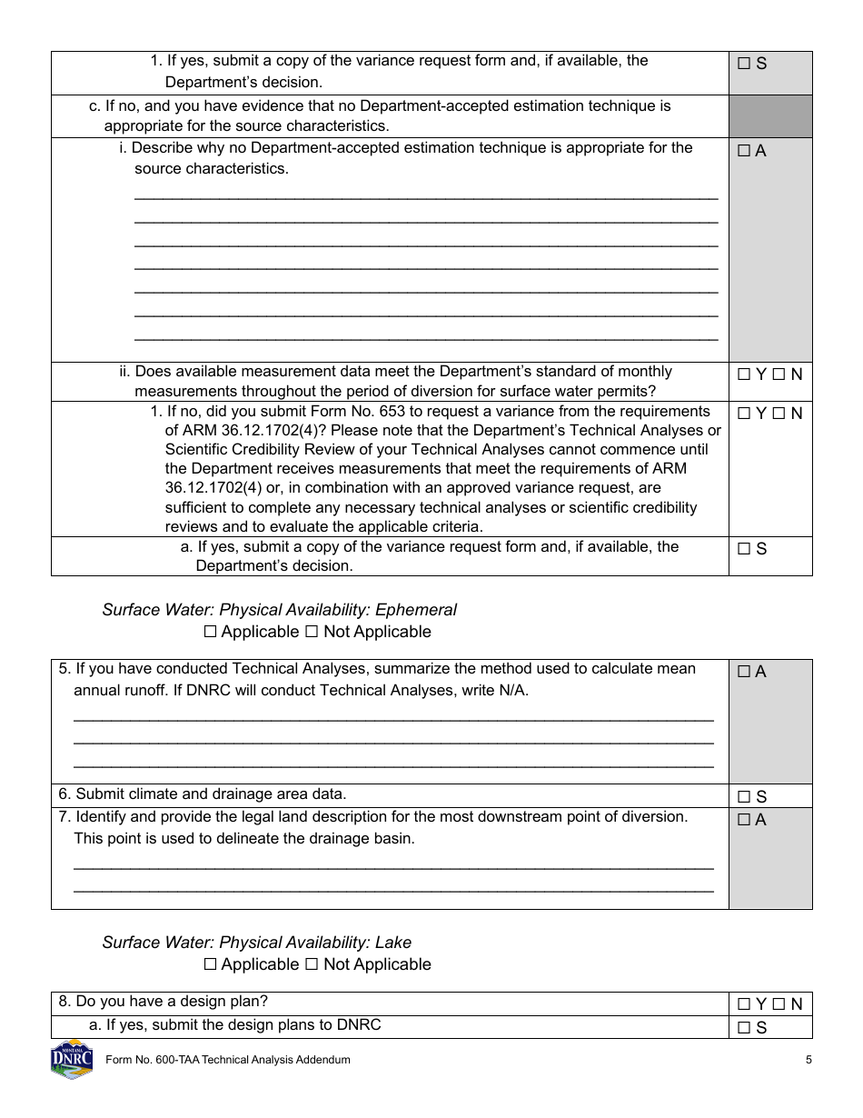 Form 600-TAA Application for Beneficial Water Use Permit - Technical Analysis Addendum - Montana, Page 5