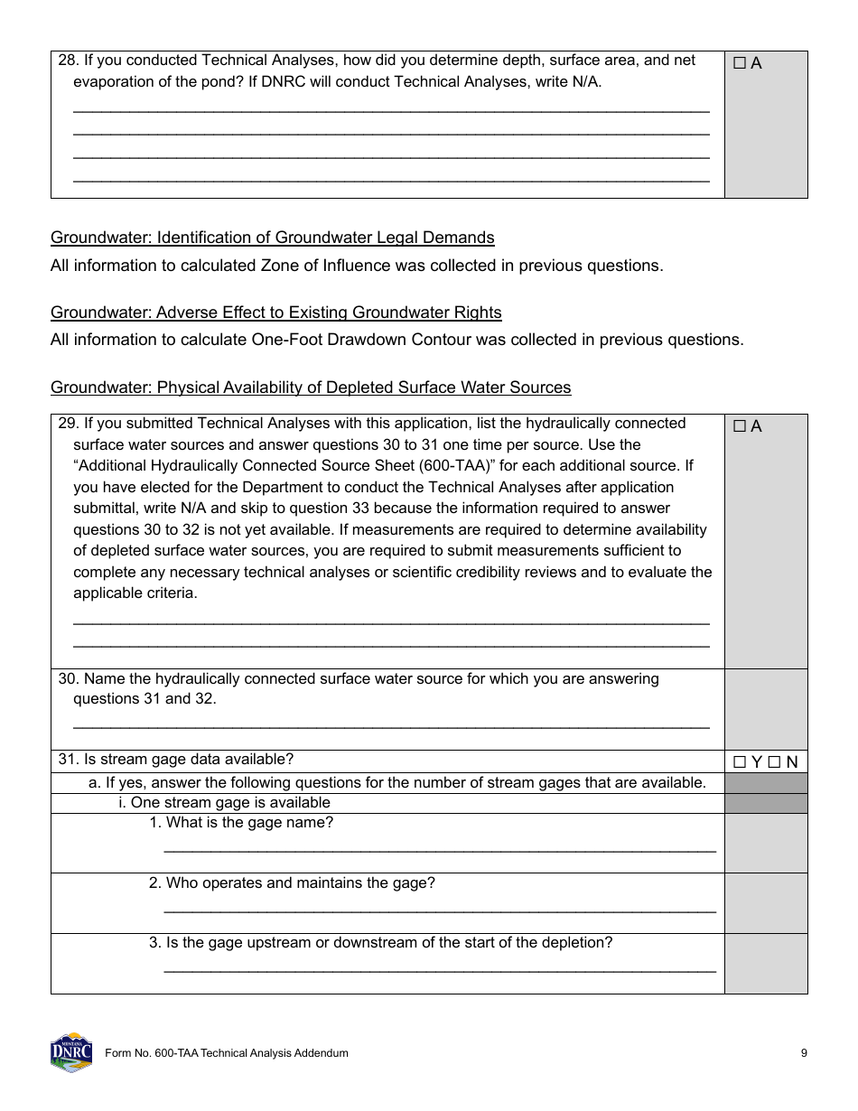 Form 600-TAA Application for Beneficial Water Use Permit - Technical Analysis Addendum - Montana, Page 9