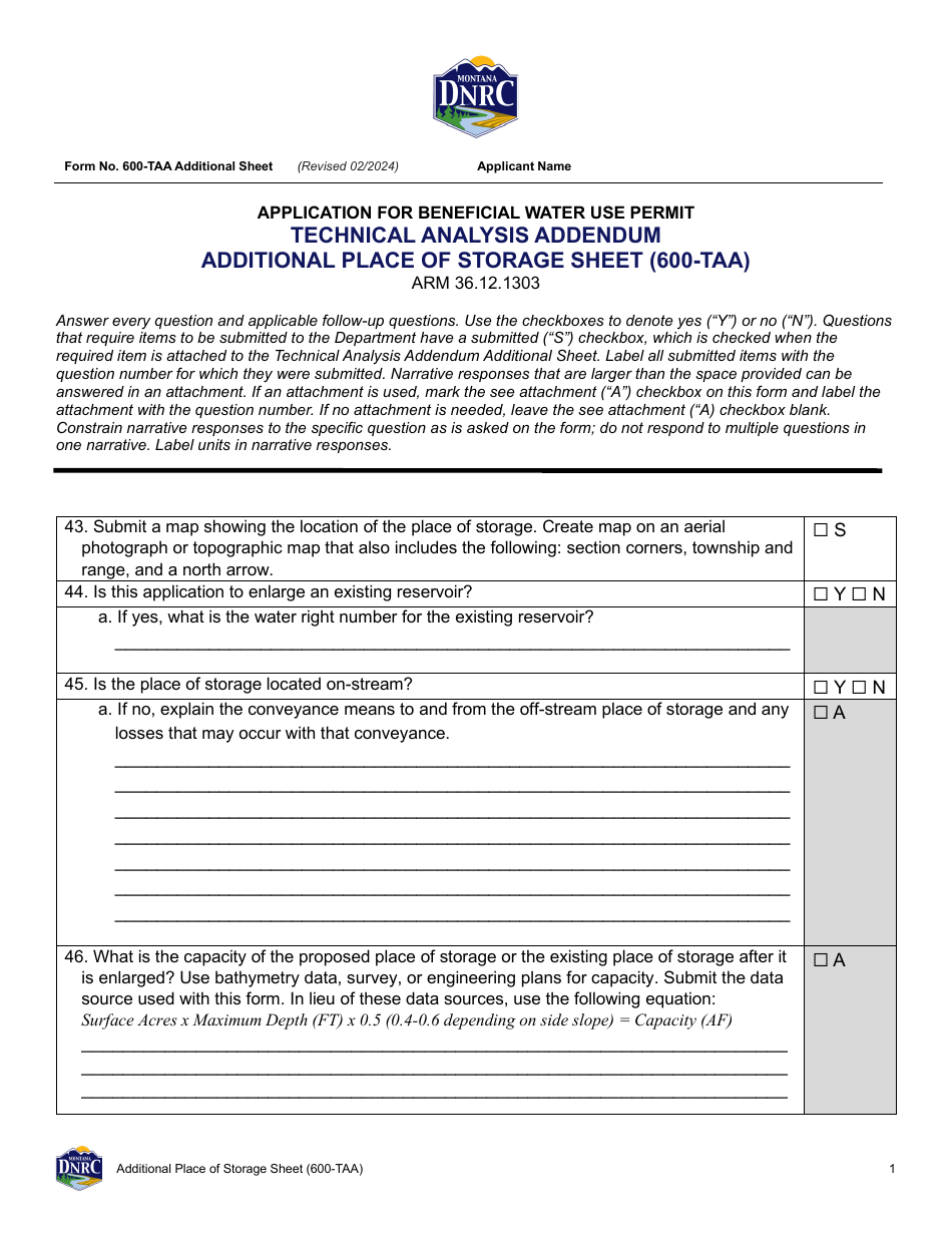 Form 600-TAA Application for Beneficial Water Use Permit - Technical Analysis Addendum - Additional Place of Storage Sheet - Montana, Page 1