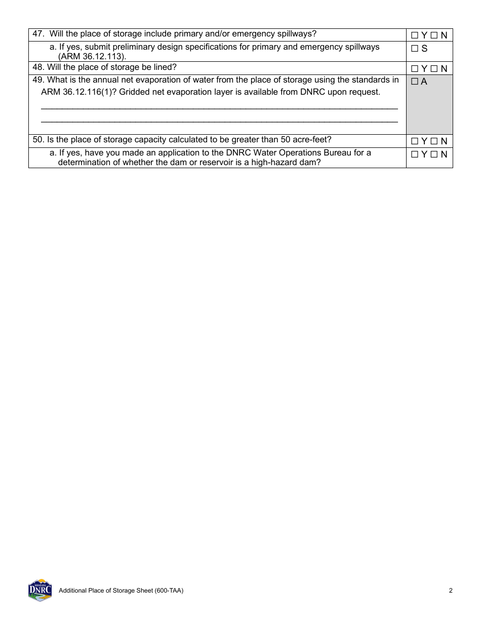 Form 600-TAA Application for Beneficial Water Use Permit - Technical Analysis Addendum - Additional Place of Storage Sheet - Montana, Page 2