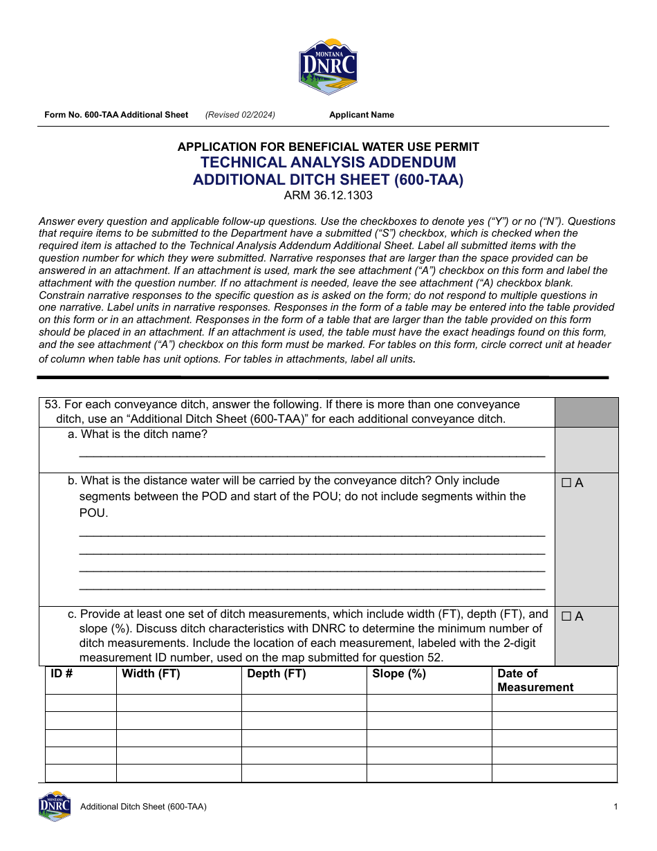 Form 600-TAA Application for Beneficial Water Use Permit - Technical Analysis Addendum - Additional Ditch Sheet - Montana, Page 1