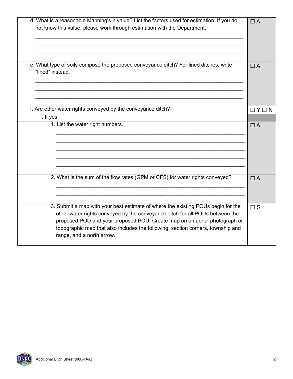 Form 600-TAA Application for Beneficial Water Use Permit - Technical Analysis Addendum - Additional Ditch Sheet - Montana, Page 2