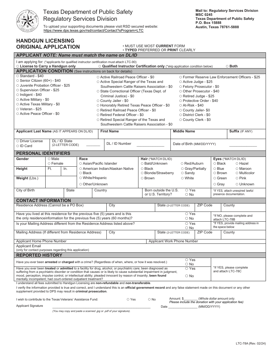 Form LTC-78A Handgun Licensing Original Application - Texas, Page 1
