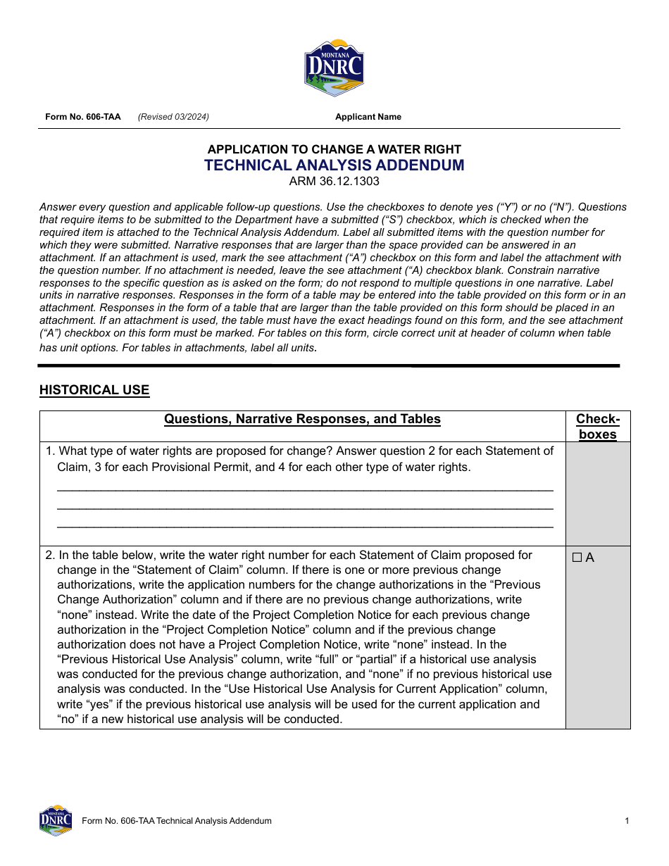 Form 606-TAA Application to Change a Water Right - Technical Analysis Addendum - Montana, Page 1