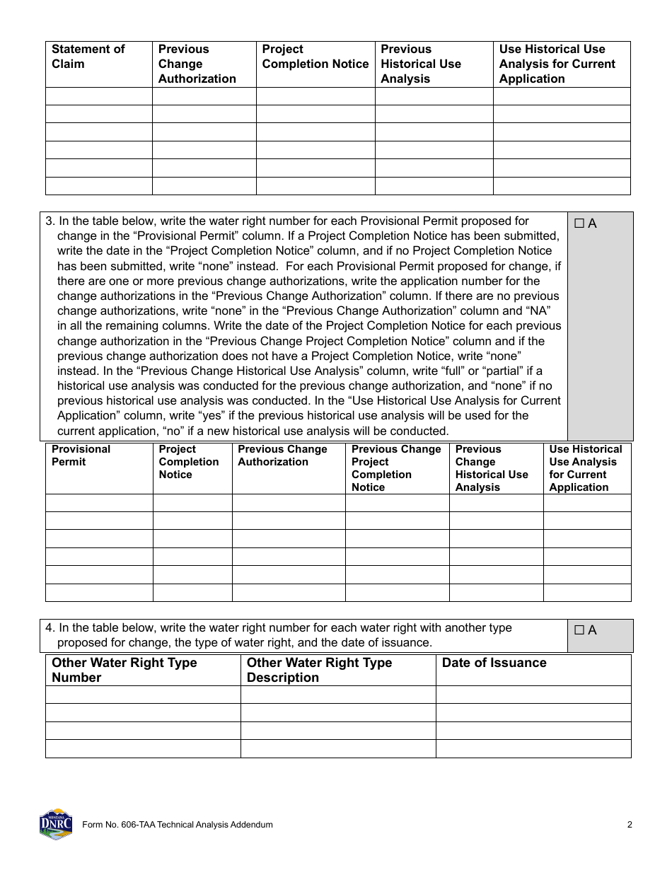 Form 606-TAA Application to Change a Water Right - Technical Analysis Addendum - Montana, Page 2