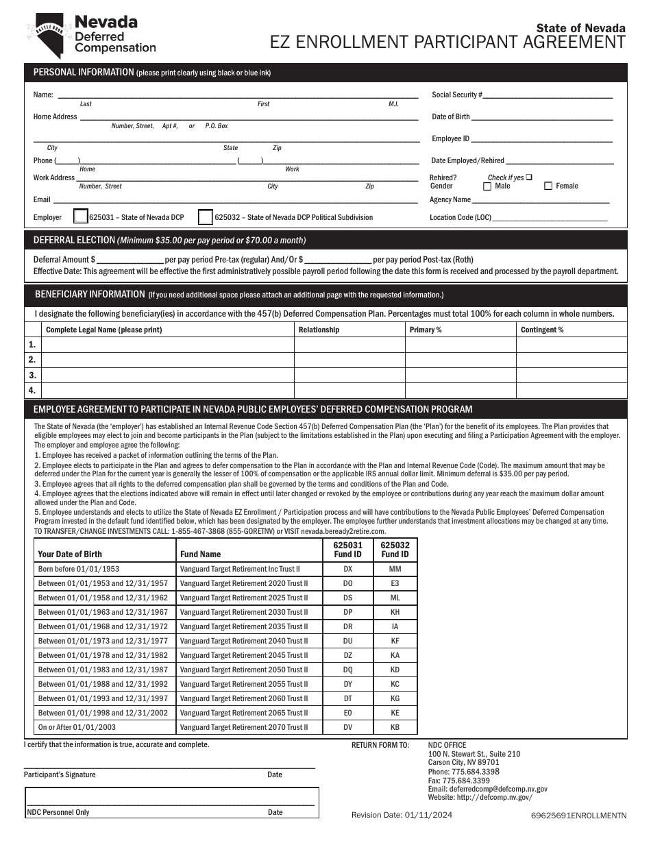 Ez Enrollment Participant Agreement - Deferred Compensation Program (Ndc) - Nevada, Page 1