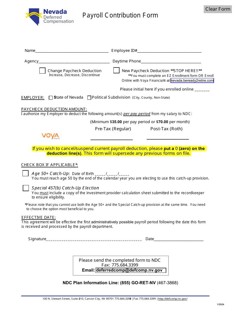 Payroll Contribution Form - Deferred Compensation Program (Ndc) - Nevada, Page 1
