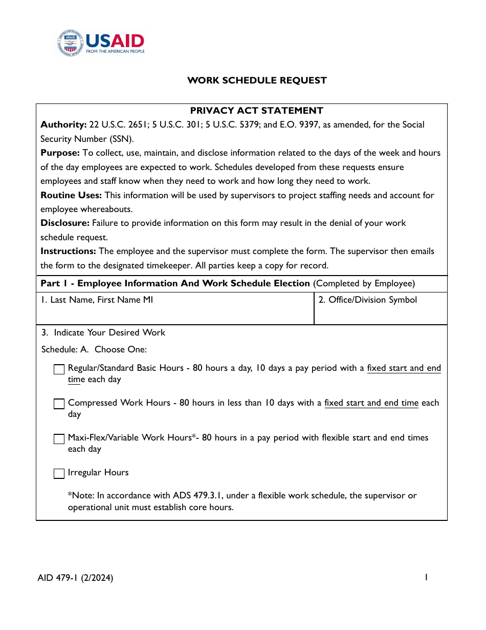 Form AID479-1 Work Schedule Request, Page 1