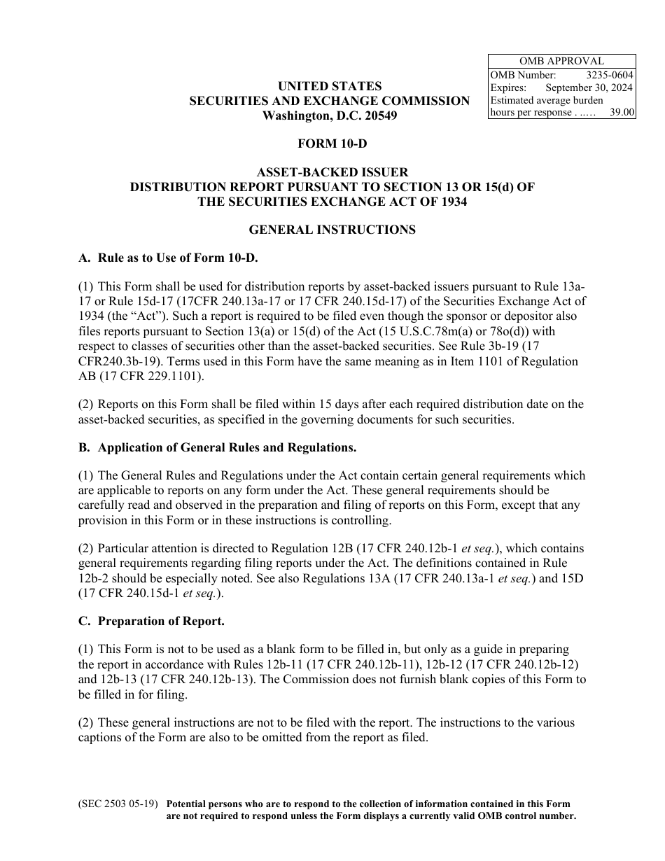 Form 10-D (SEC Form 2503) Asset-Backed Issuer Distribution Report Pursuant to Section 13 or 15(D) of the Securities Exchange Act of 1934, Page 1