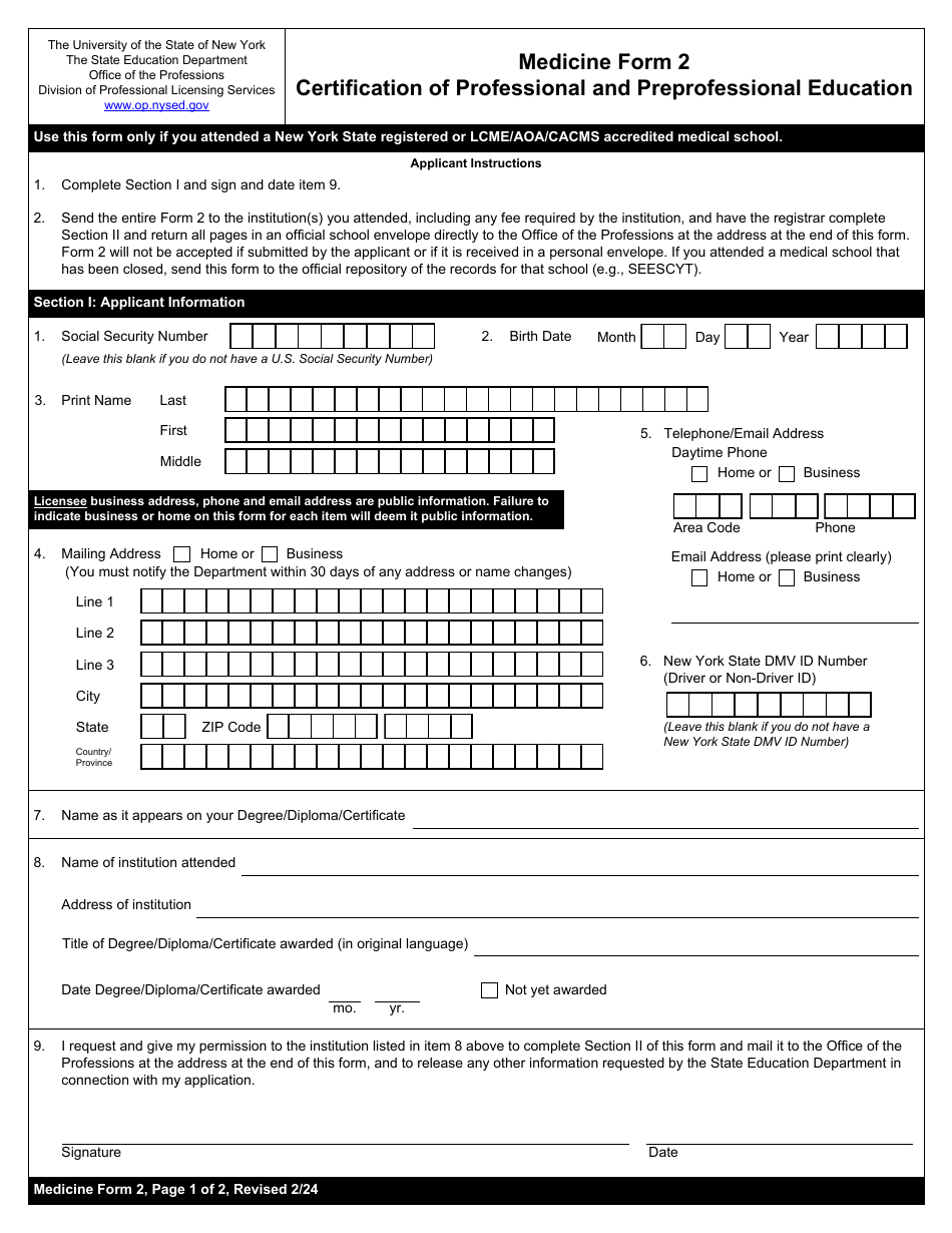 Medicine Form 2 Certification of Professional and Preprofessional Education - New York, Page 1