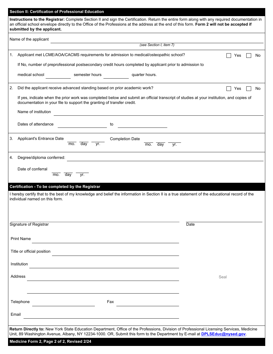 Medicine Form 2 Certification of Professional and Preprofessional Education - New York, Page 2