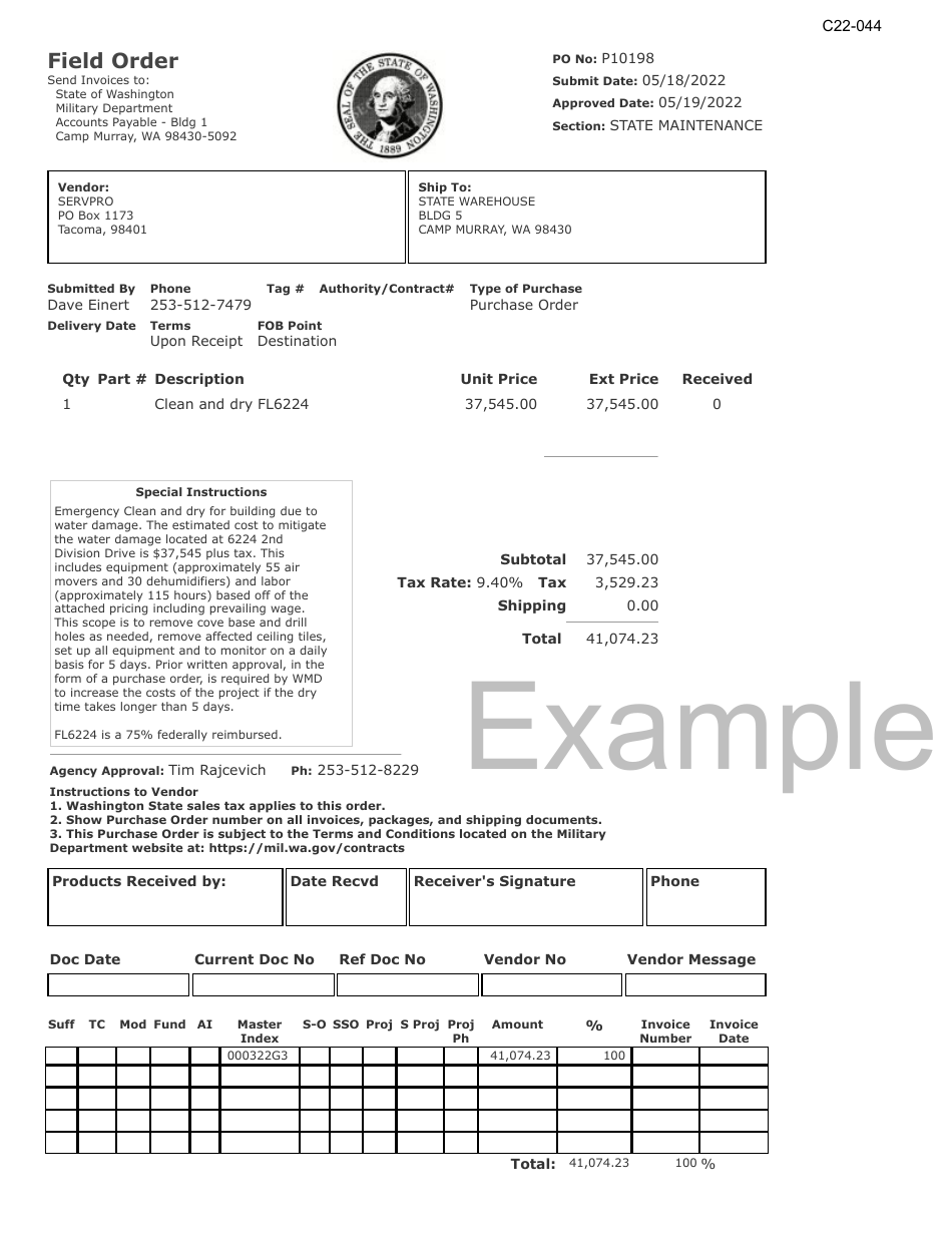 Emergency Contract Purchase Order - Example - Washington, Page 1