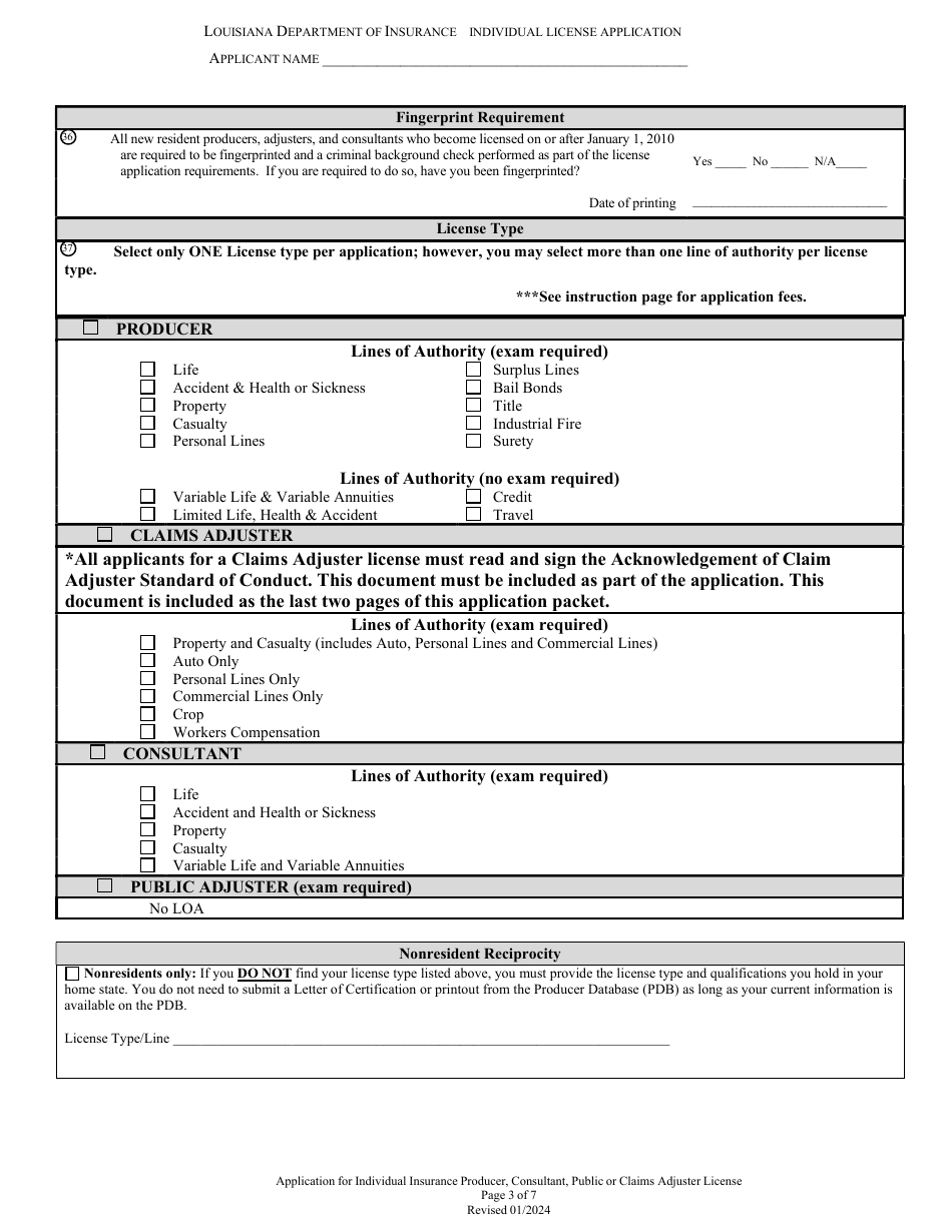 Application for Individual Insurance Producer, Consultant, Public or Claims Adjuster License - Louisiana, Page 3