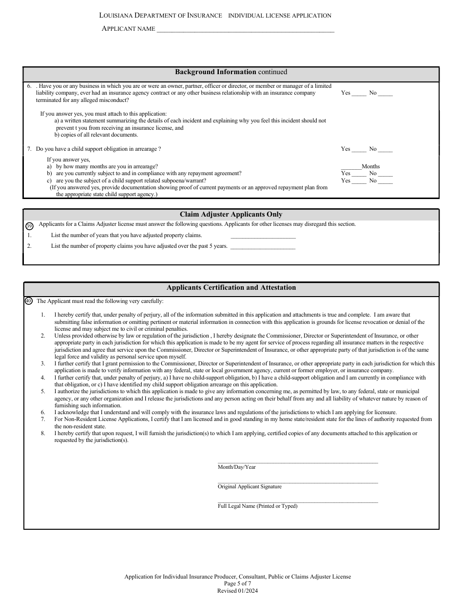 Application for Individual Insurance Producer, Consultant, Public or Claims Adjuster License - Louisiana, Page 5