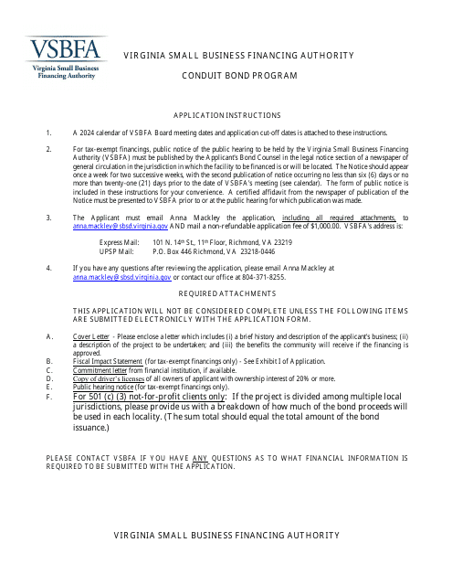 Application to the Virginia Small Business Financing Authority for the Issuance of Conduit Bonds - Virginia Download Pdf