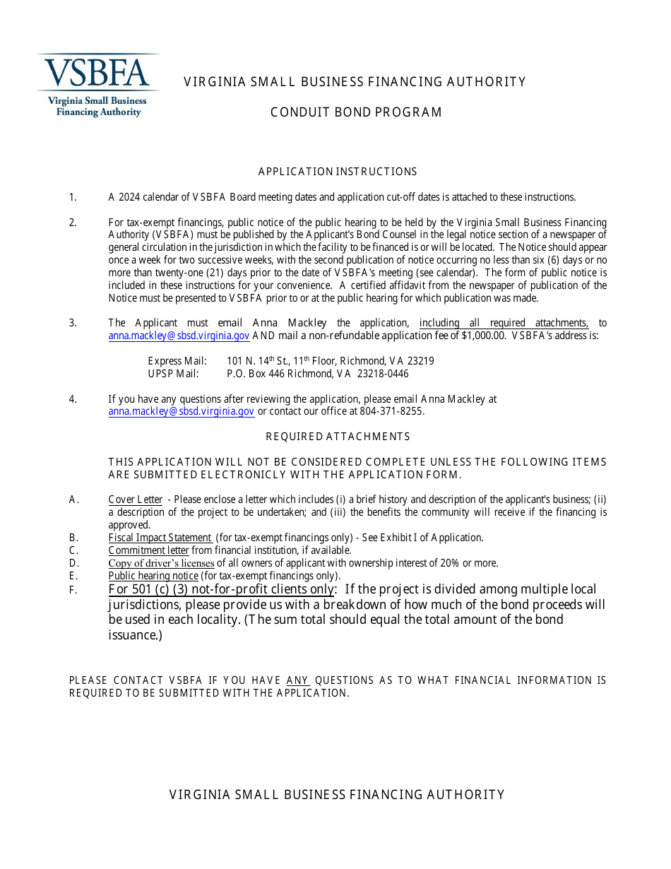 2024 Virginia Application to the Virginia Small Business Financing Authority for the Issuance of
