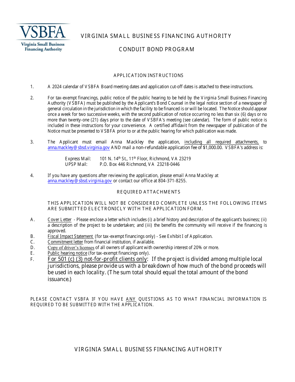Application to the Virginia Small Business Financing Authority for the Issuance of Conduit Bonds - Virginia, Page 1