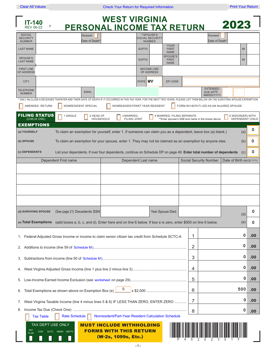 Form IT-140 Personal Income Tax Return - West Virginia, Page 1