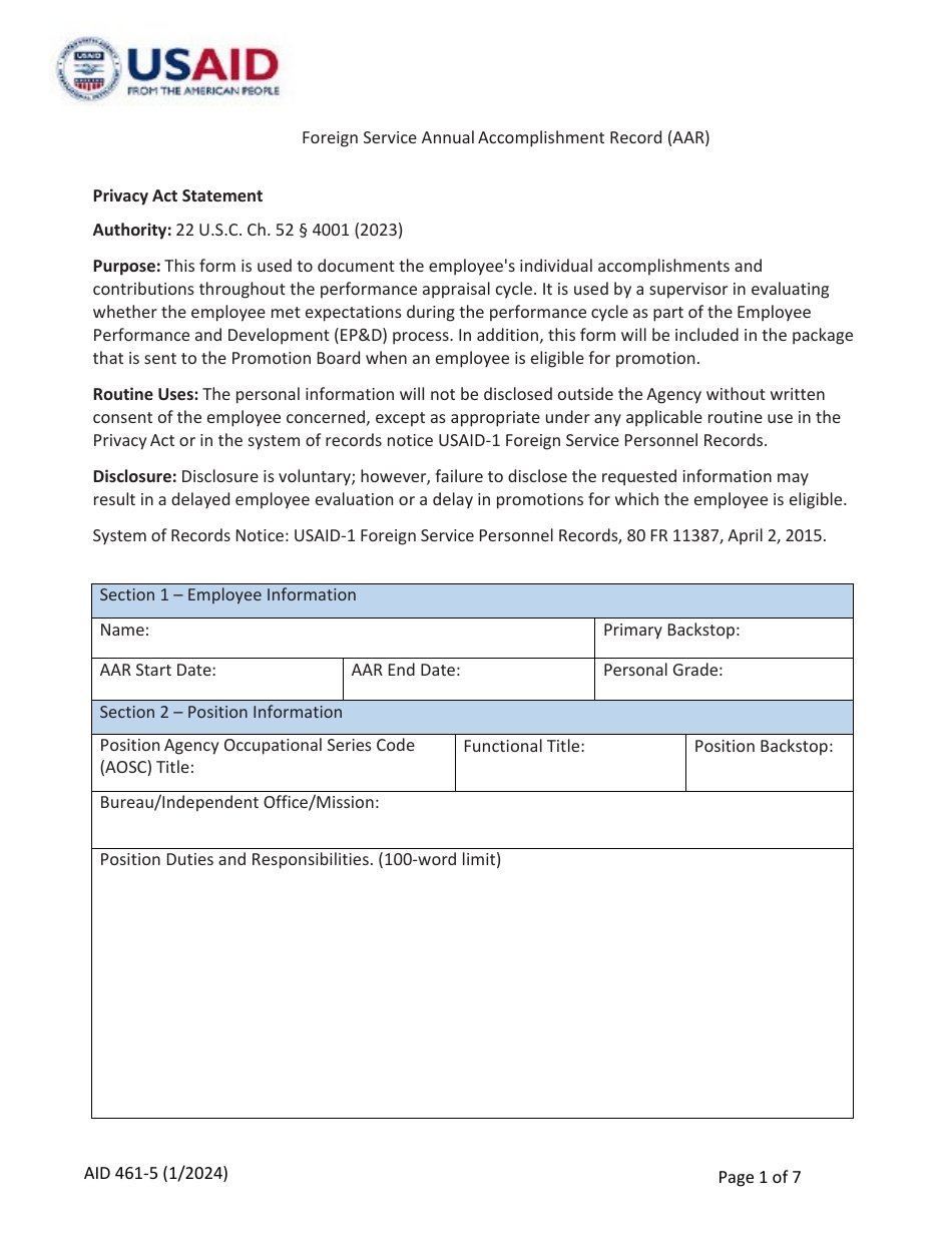 Form AID461-5 Foreign Service Annual Accomplishment Record (AAR), Page 1