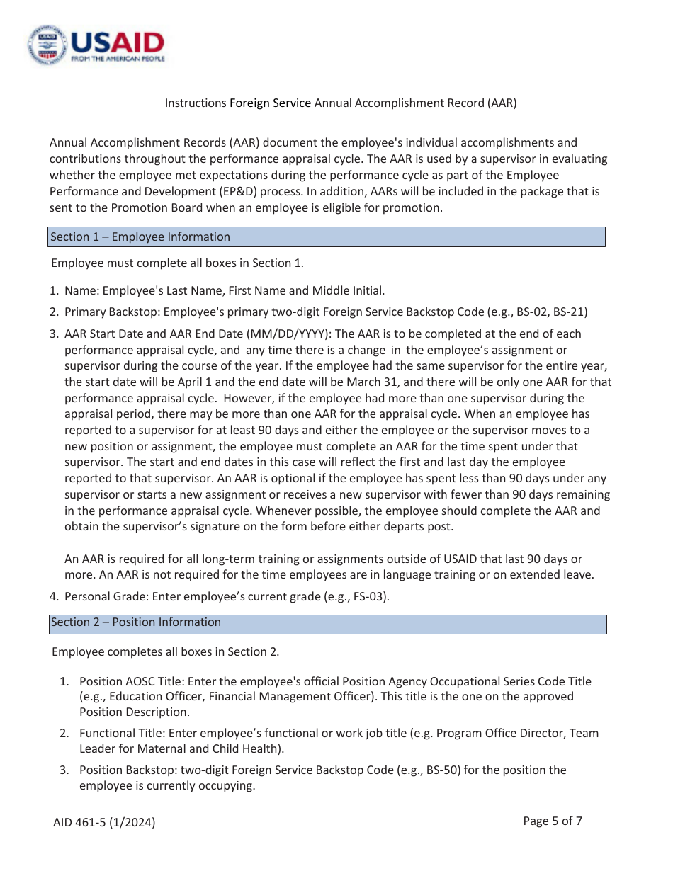 Form AID461-5 Foreign Service Annual Accomplishment Record (AAR), Page 5