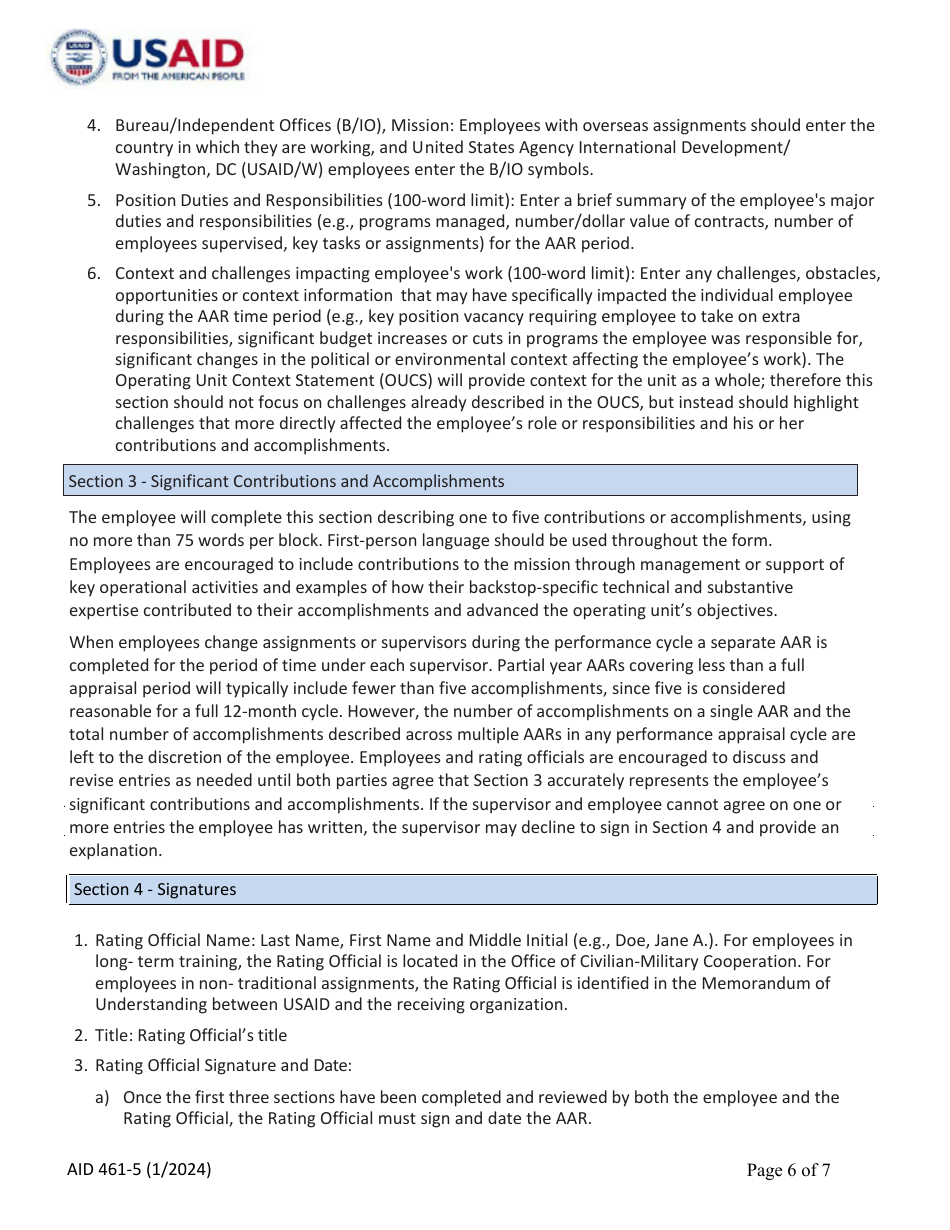 Form AID461-5 Foreign Service Annual Accomplishment Record (AAR), Page 6