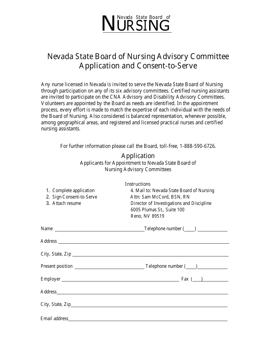 Nevada State Board of Nursing Advisory Committee Application and Consent-To-Serve - Nevada, Page 1