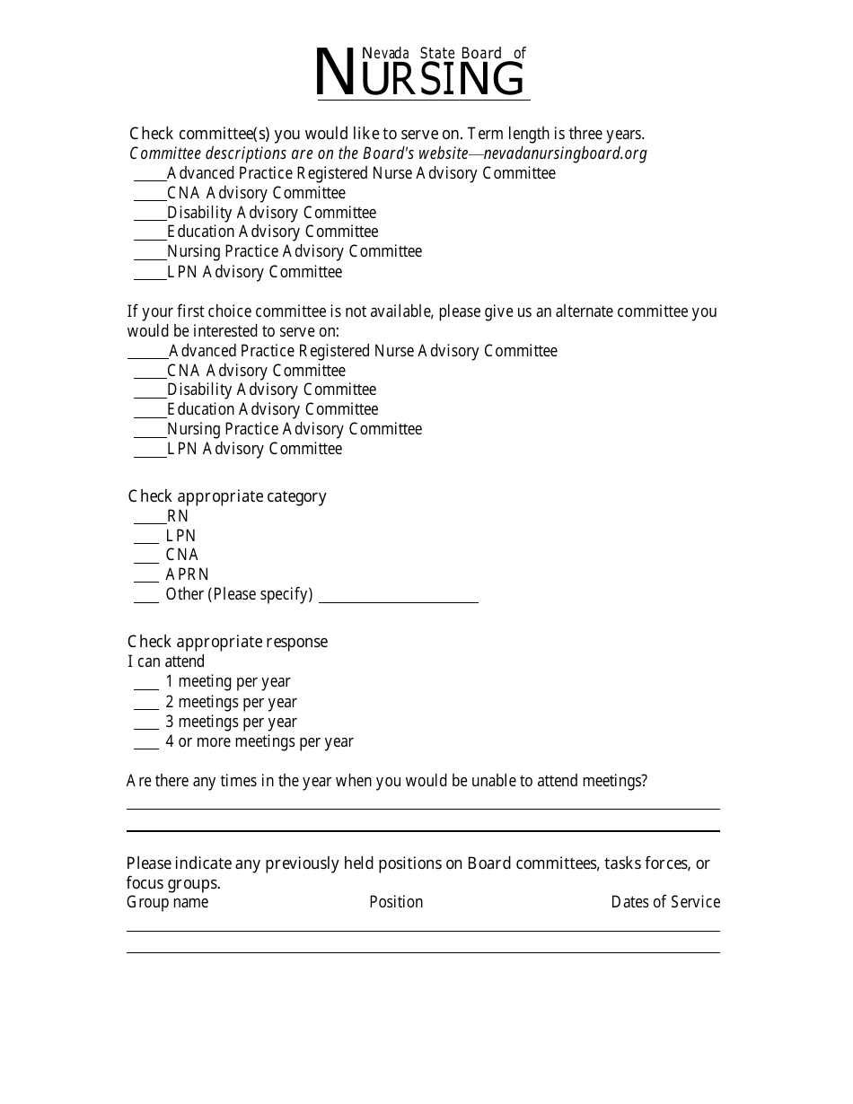 Nevada State Board of Nursing Advisory Committee Application and Consent-To-Serve - Nevada, Page 2