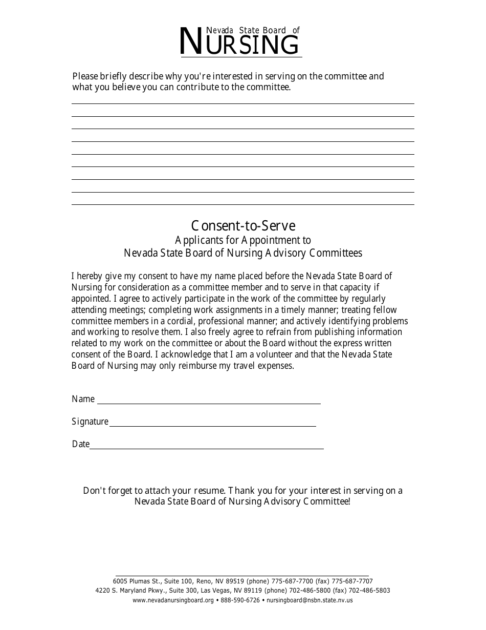 Nevada State Board of Nursing Advisory Committee Application and Consent-To-Serve - Nevada, Page 3