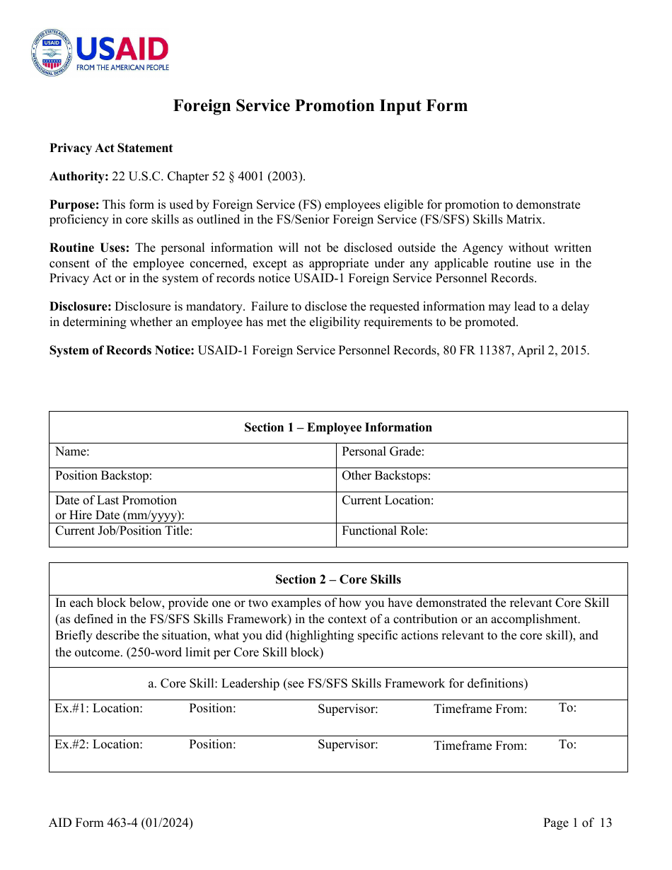Form AID463-4 Foreign Service Promotion Input Form, Page 1