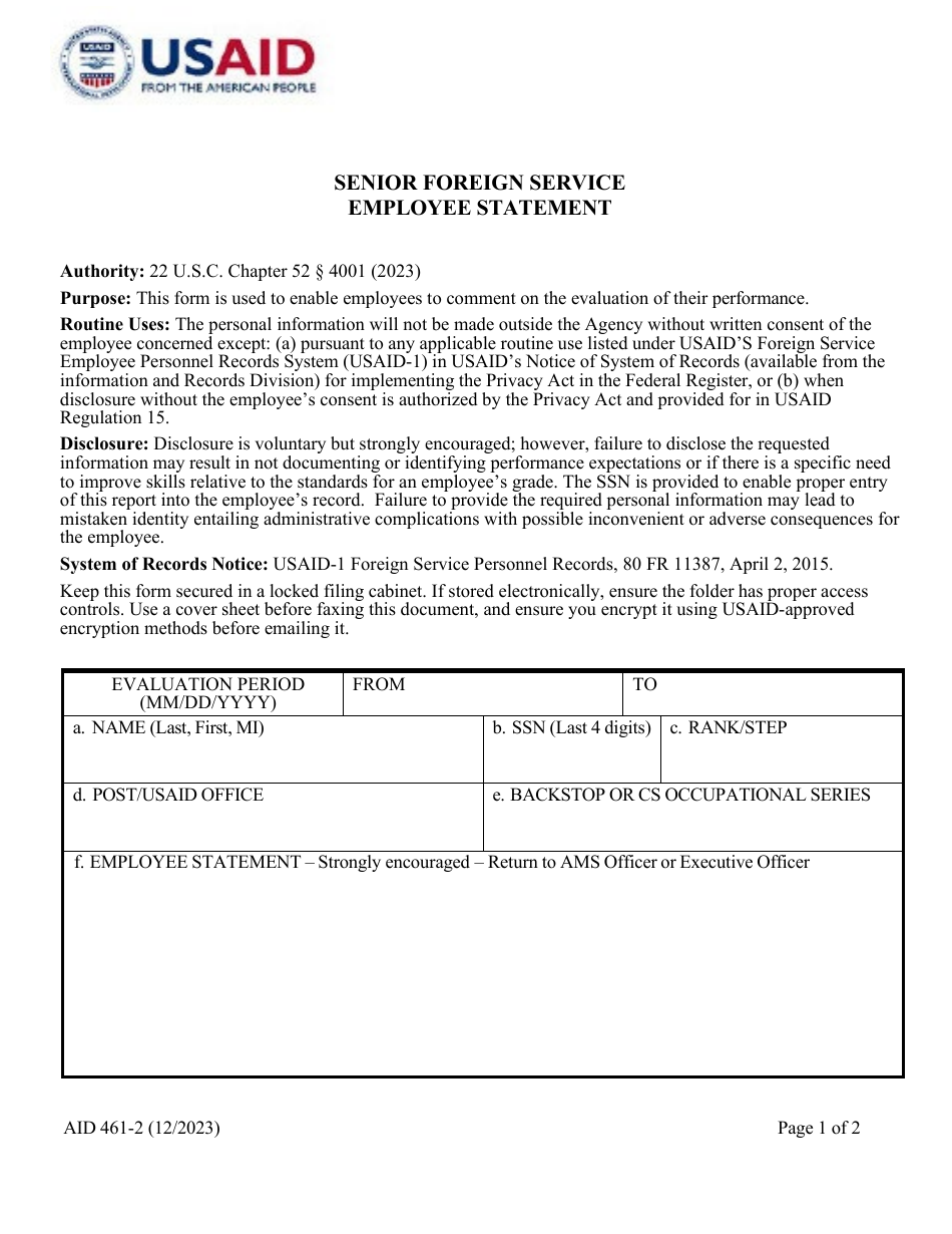 Form AID461-2 Senior Foreign Service Employee Statement, Page 1